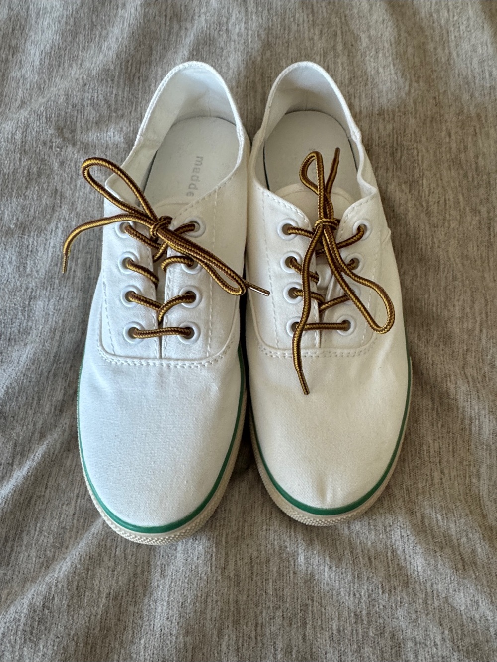 Madden Girl White Canvas Sneakers with Green Trim and Gold Laces